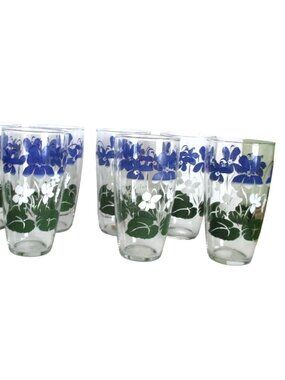 Set Of 6 Glass Tumblers With Blue Green White Floral  16 ounce
